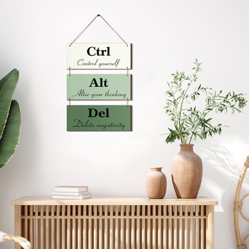 Qunclay 3 Pcs Office Wall Decor Green Wood Rustic Hanging Cubicle Decor Summer Inspirational Ctrl Alt Del Sign Decoration for Bathroom Indoor Home Living Room - color: Green, style: Classic