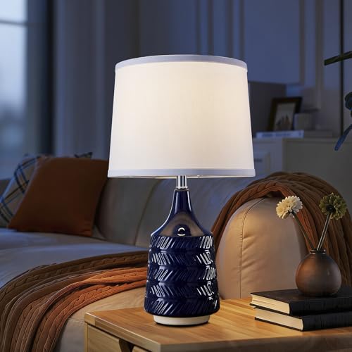 Dark Blue Ceramic Table Lamps Set of 2, 18.5" Modern Bedside Lamps for Night Stands, Classic Small Lamps for Living Room End Tables, Farmhouse Boho Lamp for Bedroom Office, LED Bulbs Included - color: dark blue