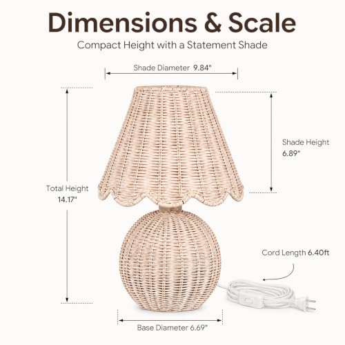 BySea Meadow Woven Desk Lamp, Natural Rattan Boho Nightstand Lamp for Bedroom, Hand-Woven Small Table Lamp with Warm Amber Glow, Rustic Bedside Light for Living Room, Nursery, 1.95m Long Cord