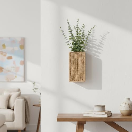 2 Pack Woven Wall Vase with Artificial Eucalyptus Boho Wall Basket Hanging Decor Rustic Pocket Planter Flower Vase for Indoor Living Room Bedroom Home Office Kitchen Decoration