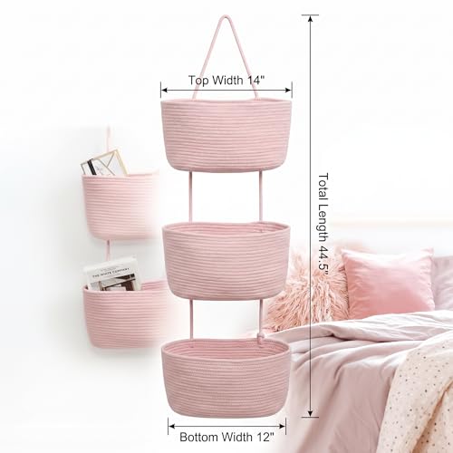 Pink 3-Tier Woven Cotton Rope Hanging Basket, Over the Door Organizer, Adjustable Detachable Wall Basket with Metal & Adhesive Hooks, No Drilling for Girls Room, Bedroom & Dresser Storage - style: Pink