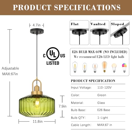 11.8in Mid Century Modern Pendant Light, Gold Large Green Glass | Vintage Lighting Fixture Ceiling Hanging Lamp for Kitchen Island Foyer Dining Room Bedroom Entryway Hallway Over Sink Table - color: Green & Gold Hardwire, size: 11.8in