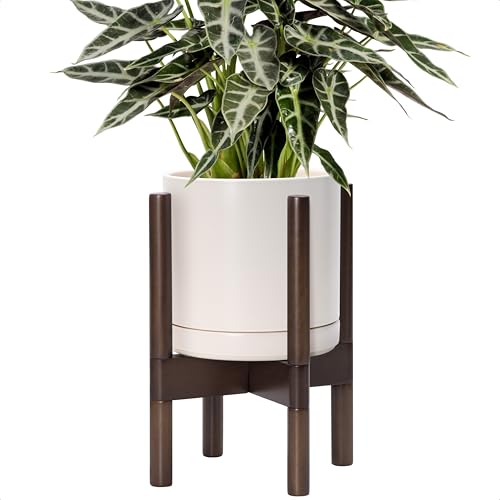 D'vine Dev Ceramic Planter with Walnut Color Stand - 8 Inch Modern Round Flower Pot with Wood Planter Holder, Oatmeal, 55-B-Y-8 - color: Oatmeal Pot + Walnut Color Stand, size: 8 Inch
