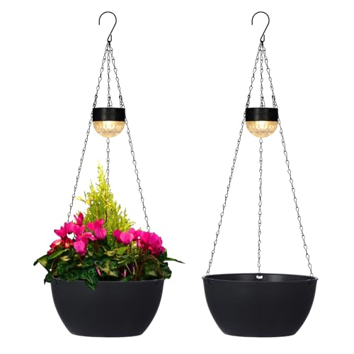 BAYN 2 Packs Solar Hanging Basket Planters for Plants Outdoor, Self Watering Black Flower Plants Pots with Solar Light Drainer for Balcony Patio Garden Outdoor Decoration - color: Black