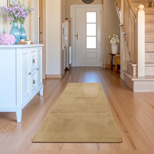 jinchan Solid Plush Runner Rug 2x5 Performance Shaggy Washable Hallway Rug Soft Modern Faux Wool Cozy Non Slip Carpet for Bedroom Laundry Room Living Room Kids Nursery Tan - color: Solid Tan, size: 2' x 5' (Runner)