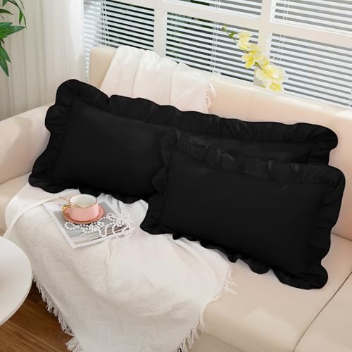 Black Ruffle Lumbar Pillow Cover 12x20 Inch, Ruffled Cushion Case Covers for Couch Sofa Bed Living Room, Decorative Farmhouse Throw Pillow Cover, Pack of 1 - color: Black, size: 20" x 12" (Pack of 1)