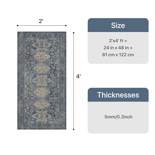 Bavni Washable Rug 2x4, Non Slip Small Runner for Entryway, Kitchen or Bathroom, Vintage Print Thin Low Pile Indoor Carpet, Blue - color: Blue, size: 2' x 4' (Rectangular)