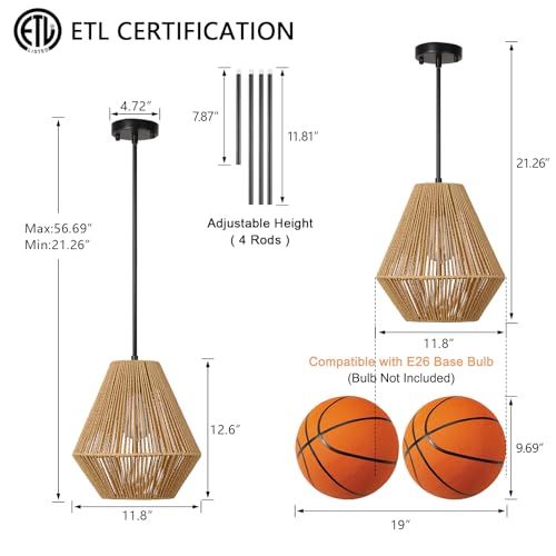 LynPon 12“ Boho Rattan Pendant Light with Rod Hanging, Black Boho Light Fixture with Hanging Lamp Shade, Farmhouse Coastal Wicker Pendant Light for Kitchen Dining Room Bedroom Hallway Foyer Bathroom - color: 12" Black and Natural