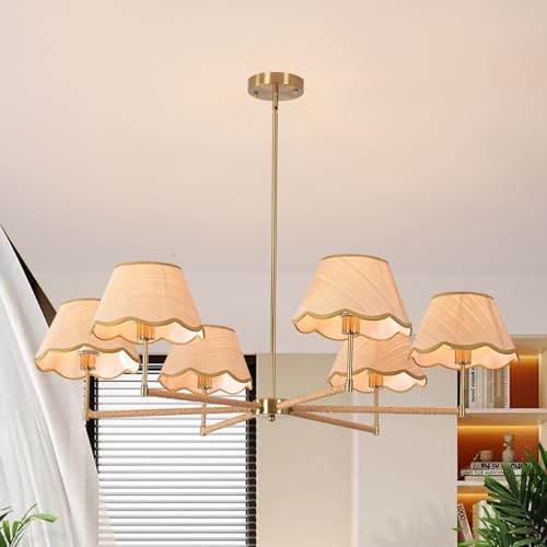 39" Adjustable Boho Rattan Chandelier - 6-Light Rustic Industrial Farmhouse Coastal Pendant Light Fixture for Kitchen Island, Dining & Living Room, Natural Wood Accents, UL Listed, E12 Base