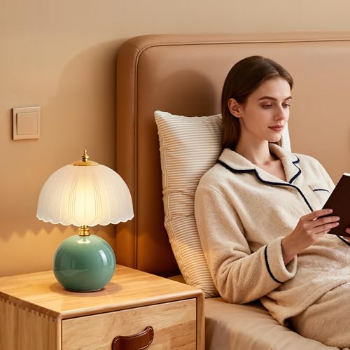 PARTPHONER Mushroom Table Lamp, Ceramic Bedside Lamp with Glass Shade, 3-Way Lighting (2700K-5000K) Rocker Switch, Small Nightstand Lamp for Bedroom, Living Room, Office, Green - color: Green