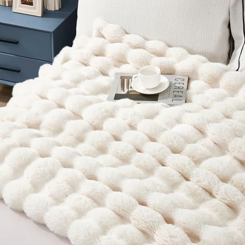 JONIYEAR Soft Fuzzy Oversized Bubble Faux Rabbit Fur Throw Blanket 60" x 70", Reversible Thick Warm Fluffy Blanket for Winter, Luxury Cozy Puffy Shaggy Furry Blankets for Bed, Twin Size, Cream White - color: Cream White - 900gsm, size: Twin Size - 60" x 7