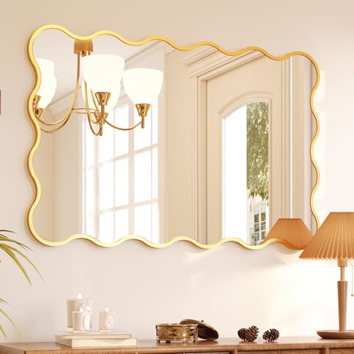Kelly Miller 32x48 Inch Gold Scalloped Mirror, Large Rectangular Wavy Edge Bathroom Vanity Wall Mirror Decorative for Bedroom Living Room Entryway Fireplace Mantle - size: 48"L x 32"W