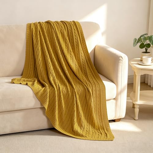 NTBAY 100% Pure Cotton Cable Knit Throw Blanket, Super Soft Warm 51x67 Knitted Throw Blanket for Couch, Sofa, Chair, Bed - Extra Cozy, Machine Washable, Comfortable Home Decor, Ginger Yellow - color: Ginger Yellow, size: Throw(51"x67")
