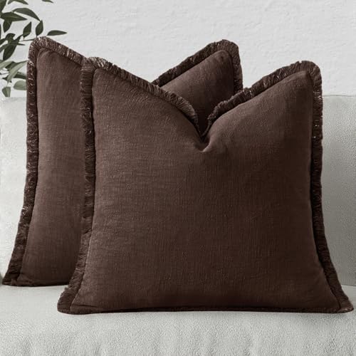 MIULEE Decorative Throw Pillow Covers Neutral Linen Fringe Throw Pillows Set of 2 Dark Brown Boho Farmhouse Cushion Covers with Tassels for Couch Sofa Bed Living Room Spring Decor 18x18 Inch - color: Dark Brown, size: 18" x 18" (Pack of 2)