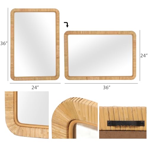FUIN 24"x36" Rattan Wall Mirror, Natural Wicker Rectangle Bathroom Vanity Mirror, Hanging Boho Decorative Mirror for Farmhouse, Entryway, Bedroom, Living Room, Horizontal Vertical Mount - color: Rattan, size: 36"L x 24"W
