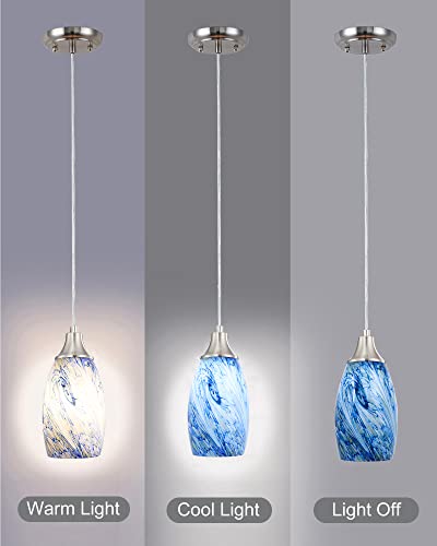 karyfine Mini Pendant Lights Kitchen Island White Blue Glass Lamp Shade Hand Blown Glass Pendant Light with Brush Nickel Finish Adjustable Cord for Kitchen Over Sink Hallway,Dining Room,Stairs Way - color: Blue white mixed yellow whirlpool-1Pack