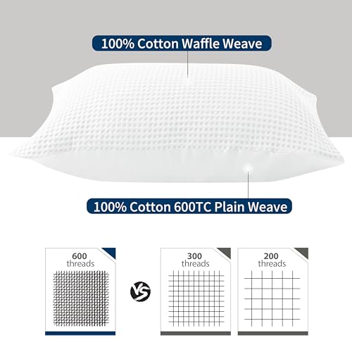 100% Egyptian Cotton 600 TC Waffle Weave Throw Pillow Covers 2 Pack, Ultra Soft Breathable Euro Pillow Shams Covers, Decorative Cushion Covers for Bed Couch Sofa Car, No Insert, White, 18" x 18" - color: White, size: 18" x 18" (Pack of 2)