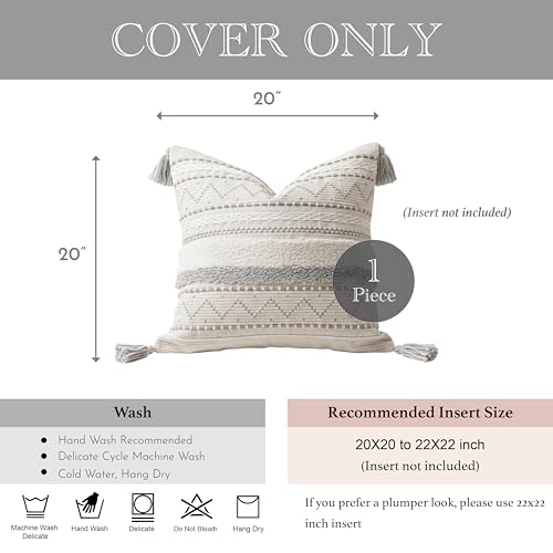 BlissBlush 20X20 Throw Pillow Cover, Cream Neutral Square Decorative Cushion Cover with Gray Pattern, Boho Accent Pillowcase with Tufted Details and Tassels for Couch Sofa Living Room (Cover Only) - color: Gray, size: 20" x 20" (Pack of 1)