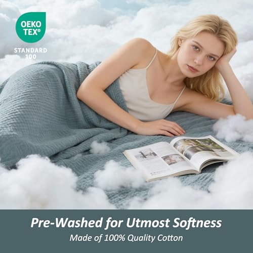 EMME Cotton Muslin Large Throw Blanket 4-Layer Couch Breathable Gauze Soft Lightweight Bed Blankets Adults Two-Tone Weave Design, Pre-Washed Softer Touch (Heather Teal, 50"x70") - color: 01 - Teal, size: Large Throw (50" X 70")