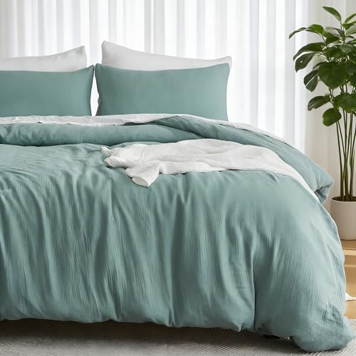 EMME Muslin Cotton Duvet Cover Set Teal Twin Size Linen Like Soft Breathable Lightweight Summer Comforter Cover Set with Zipper Closure (Teal, Twin, 68"x90") - color: 03 - Teal, size: Twin(68"×90")