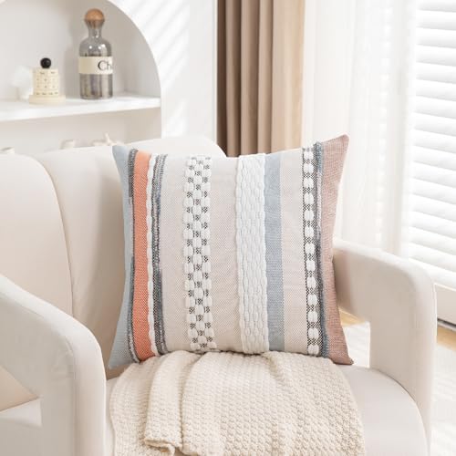 Boho Pillow Covers 18x18 Set of 2 for Couch-Modern Farmhouse Sofa Decorative Throw Pillow Covers Textured Chenille Cushion Covers Outdoor Netural Bohemian Pillow Cases Square - color: Orange-blue Stripe