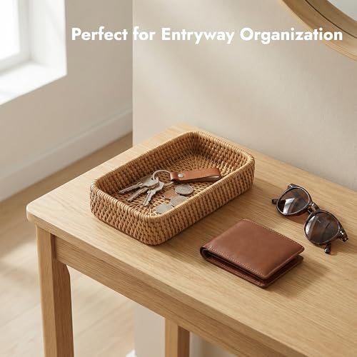 8.3" x 4.3" Small Natural Rattan Storage Tray, Decorative Handwoven Wicker Organizer Keys Tray Catchall, Shallow Rectangular Tray for Snack, Accessories Bathroom & Vanity, Entryway (XS) - color: Natural Xs (8.3" X 4.3")