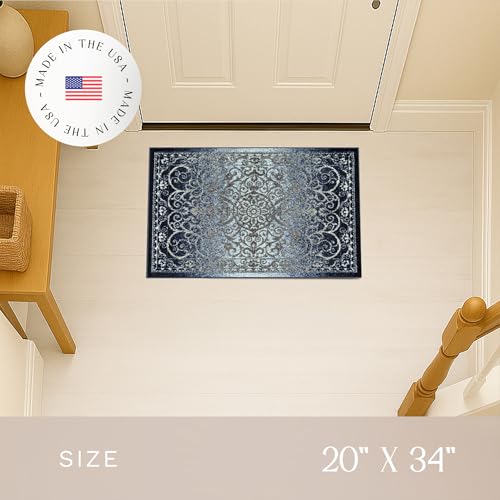 Maples Rugs Pelham Vintage Medallion Area Rugs - Made in USA - Washable, Non-Slip, Low Profile Indoor Rug for Entryway, Foyer, Kitchen, and Bathroom, 1'8 x 2'10, Navy/Grey - color: Navy/Grey, size: 1'8" x 2'10" (Rectangular)