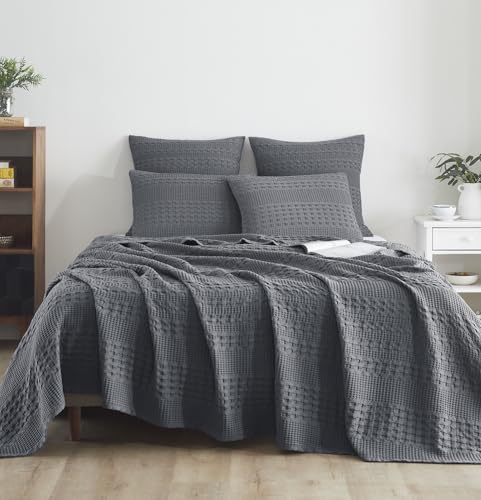VHC Brands 100% Cotton Waffle Weave King Blanket 108"x90", Decorative Lightweight Spring and Summer Throw Blanket, Bedroom Decor for Bed, Couch, or Sofa, Dark Grey - color: Dark Gray, size: King (108"x90")