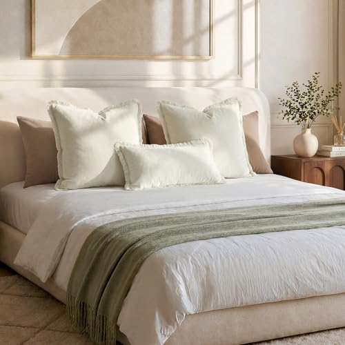 HOMEIDEAS Ivory Cream Velvet Throw Pillow Covers 20x20 Set of 2, Luxury Decorative Pillow Covers with Short Fringe Tassels, Modern Farmhouse Boho Cushion Covers for Sofa Couch Bed Neutral Home Decor - color: Cream, size: 20" x 20" (Pack of 2)