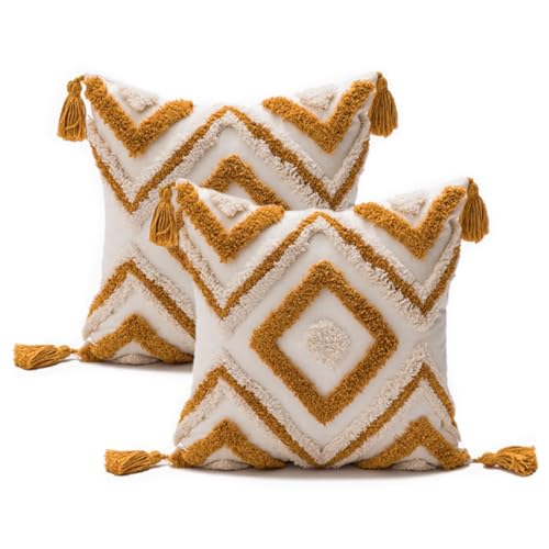 Andreannie Pack of 2 Boho Tufting Throw Pillow Cover Embroidered Textured Cushion Cover with Tassels Soft Home Decororative for Couch Sofa 18x18 inch (Yellow) - color: Yellow