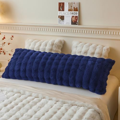 LIFEREVO Fluffy Faux Rabbit Fur Body Pillow Cover, Luxury Bubble Waffle Shaggy Plush Bed Pillowcase with Zipper Closure, Royal Long 20"x54" Fuzzy Furry Pillow Case for Adults Kids Girls, Navy Blue - color: Navy Blue