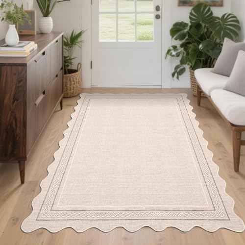 GarveeHome Scalloped 3x5 Washable Rug for Entryway, Super Soft Entryway Rug Non-Slip, Printed Faux Wool Boho 3x5 Area Rug Thin Floor Carpet for Kitchen, Bedroom, Office, Living Room, Beige - color: Beige, size: 3' x 5' (Rectangular)