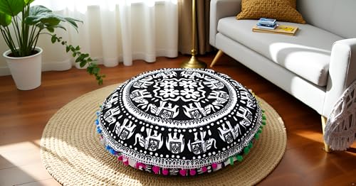 CRAFT KALA 22" Bohemian Floor Pillow Pouf Cover Mandala Boho Large Round Meditation Room Pillow Covers for Adults Seating Poufs Cushion Cover for Kids Playroom Black and White Elephant - color: Black and White, size: 22" x 22" (Pack of 1)