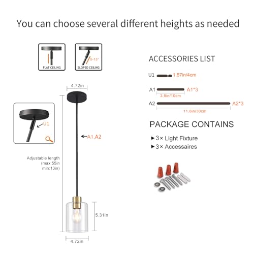 Modern 3 Pack Black Gold Pendant Lights for Kitchen Island, Brushed Brass Modern Hanging Light with Clear Glass Shade, Adjustable Metal Rod Pendant Lighting for Dining Room, Living Room, Bar, Entryway - color: Black+brass 3PK