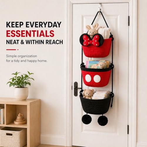 3 Tier Hanging Basket Organizer, Over the Door Woven Storage Baskets with Hooks, Cute Bow Wall Hanging Basket for Nursery Organization, Playroom Storage, Bathroom and Bedroom, Red Black