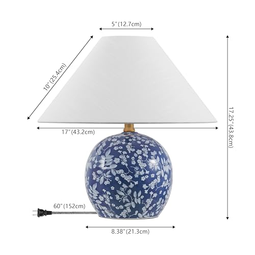 JONATHAN Y 17.25" Blue/White Modern Cottage Floral Ceramic Globe Table Lamp for Bedroom, White Linen Shade, LED Bulb Included, French Country Home Decor JYL5508A - color: Blue/White