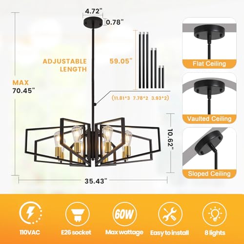 Black and Gold Chandelier, 8-Light Farmhouse Dining Room Light Fixture, Geometric Pendant Lights Kitchen Island, Modern Industrial Chandelier for Living Room, Bedroom, Foyer, Stairway, Entryway - color: 01-Black and Gold-8 Lights