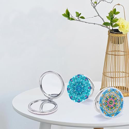 DDGYP 2 PCS DIY Diamond Painting Compact Mirror, Pocket Mirror Cover Portable Folding Purse Mirror, PU Leather Diamond Art Projects Kits for Women Girls Gifts - color: Blue