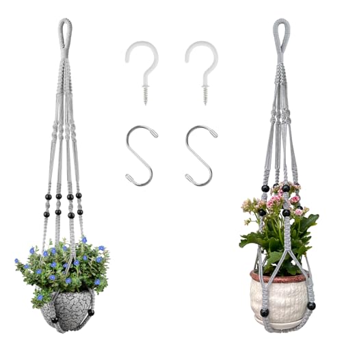 Macrame Plant Hanger for 5 to 10 Inch Plant Pots, Set of 2 Indoor Handmade 35 Inch Woven Rope Hanger Kits with Hooks and Wood Beads, Hanging Planter Basket Holder for Boho Home Decor (White, 2 Pack) - color: White, size: 35 Inch 2 Pack