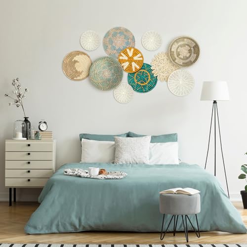 Tatuo 11 Pcs Boho Wall Basket Decor Bulrush Woven Wall Hanging Art Round Farmhouse Rustic Handmade Wicker for Summer Home, Bedroom, Living Room, Kitchen Decorations, Multi Sizes(Bright) - style: Bright