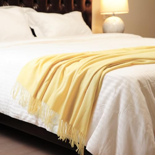 CUDDLE DREAMS Premium Cashmere Throw Blanket with Fringe, Luxuriously Soft (Yellow) - color: Yellow