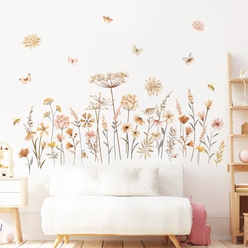 decalmile Boho Flower Wall Decals Wildflower Floral Dandelion Grass Wall Stickers Baby Nursery Girls Bedroom Kids Room Wall Decor