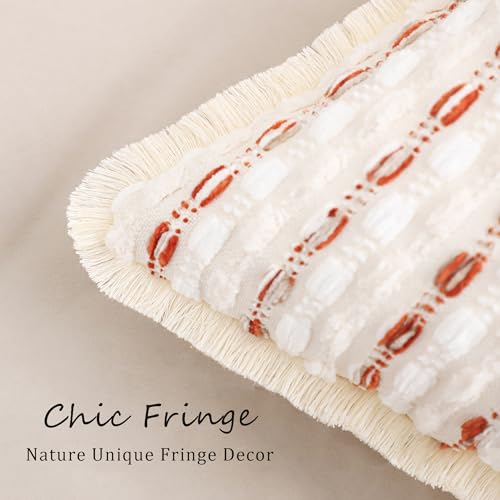 LUOYEHK Chenille Striped Throw Pillow Covers 12x20 Inch Set of 2 Boho Decorative Pillowcases with Fringe Farmhouse Neutral Orange White Cushion Covers for Couch Sofa Bed Living Room - color: Orange White, size: 20" x 12" (Pack of 2)