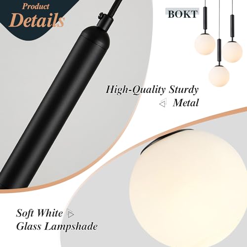 BOKT 3 Light Globe Cluster Pendant Light Modern Black Hanging Pendant Light Fixture White Milk Glass Vintage Farmhouse Pendant Lights Kitchen Island Adjustable Height Stairwell Lighting Chandelier - color: Black-3Light