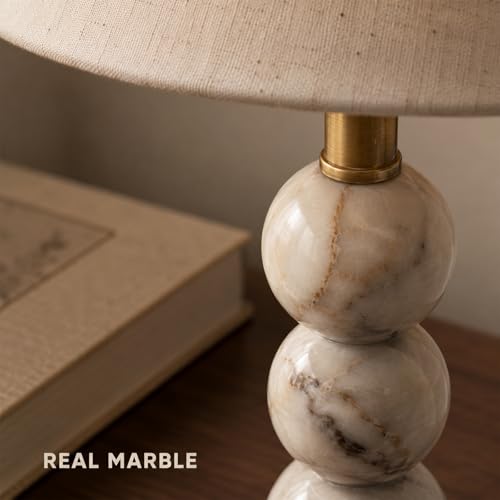 Calacatta Marble Table Lamp with Pleated Linen Shade,Vintage Solid Stacked-Sphere Marble Lamp with 3 Color Temperatures,Boho Marble Light for Bedroom Living Room Nightstand - size: 20.1in