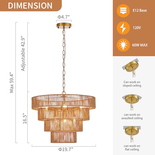 19.7" Boho Rattan Chandelier 6-Light Farmhouse Hand-Woven Drum Light Fixture, Vintage Rustic Wicker Rattan Gold Chandelier for Dining Room, Bedroom, Kitchen, Living Room, E12 Base - color: Gold 19IN