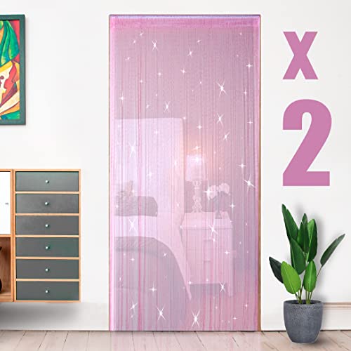 2 Pack 39 x 79 Inch Beaded Curtain String Door Curtains, Hippie Room Decor Beaded Curtains for Doorway, Closet Curtains, Room Divider Privacy Decor, Boho Home Decoration for Bedroom, Party, Pink - color: Pink
