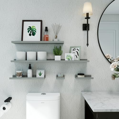 Small Floating Shelves for Wall Decor, Wall Mounted Wood Shelf for Bedroom, Living Room, Bathroom, Kitchen, Nursery, Display Picture Ledge Shelf with Lip Set of 2-8 Inches, Grey - color: Grey, size: 7.8in