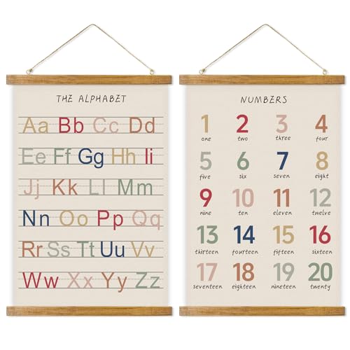 ABoby Vintage Illustrated Alphabet Numbers Chart Posters - Educational Nursery Wall Art for Classroom Homes - Retro Style Painting with Wood Frames - Ready to Hang - color: Alphabet and Numbers