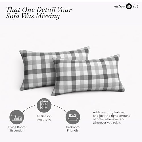 Native Fab Throw Pillow Covers 2 Pack, 12x20 Inches, 100% Cotton, Woven Gingham Plaid, Premium Decorative Cushion Cases, Modern Farmhouse Decor for Living Room, Sofa, Couch, Stone & Charcoal Grey - color: Gingham Stone & Charcoal Grey, size: 20" x 12" (Pa